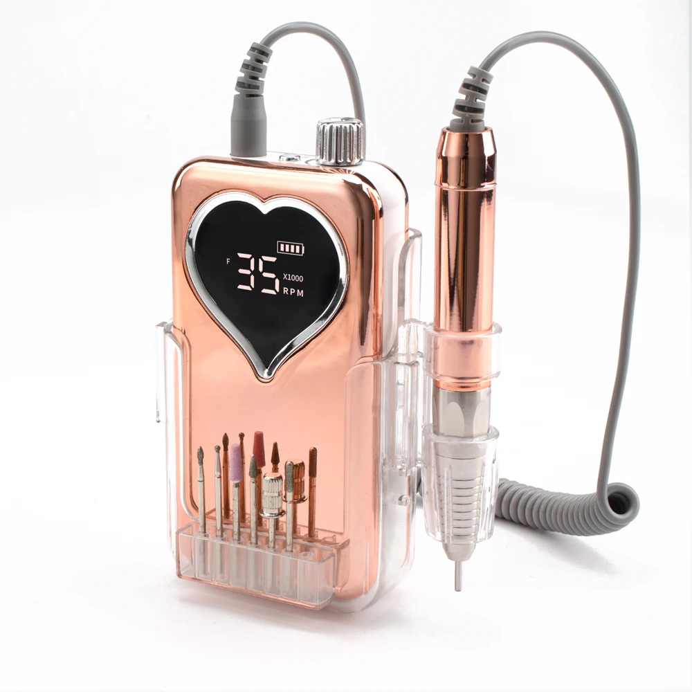 Rechargeable 35000RPM Brushless Portable Cordless Heart Shape Plating Silver E File Electric Manicure Nail Drill Machine