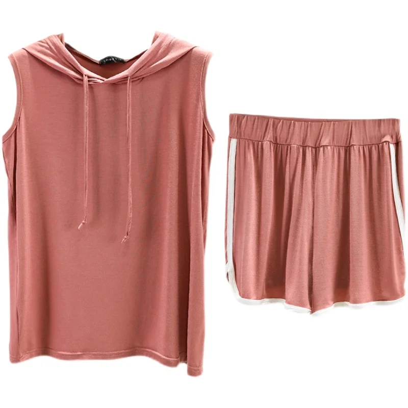 New Ensemble Femme 2 Pièces Women Pyjamas Summer Modal Home Suits Female Cotton Hooded T-Shirt +Loose Shorts Pants Tracksuits