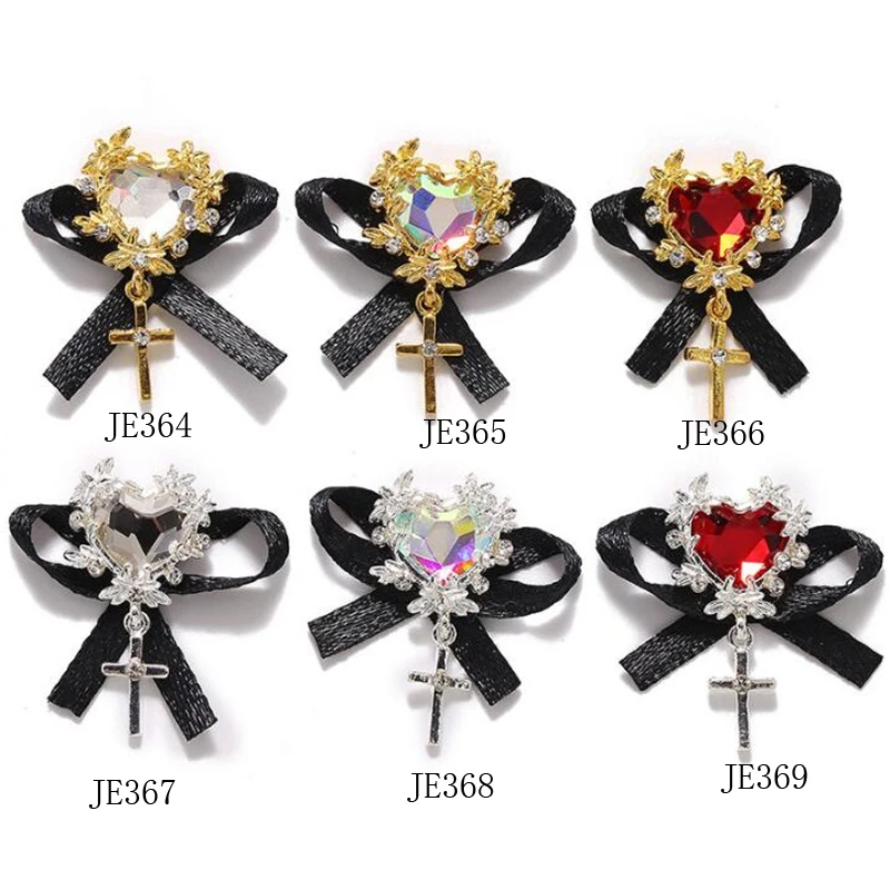 5pcs/lot Clear/AB Alloy Black Bow Retro 3D Nail Art Decorations Jewelry Gem Japanese Style Cross Manicure Design New Nail Charm