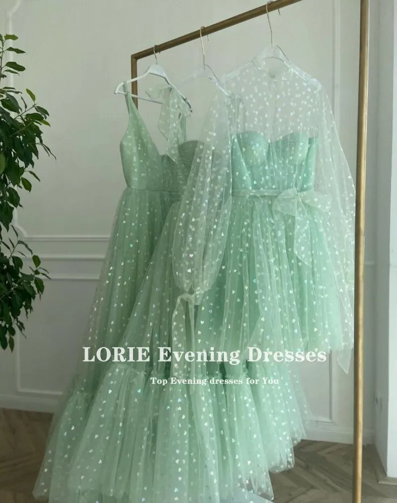 LORIE Glitter Prom Dresses Mint Green Adjustable Straps Shiny Love Tulle Tea Length Arabic Wedding Party Graduation Dress 2024