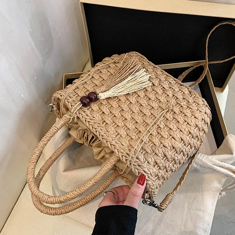 Woven Straw Bucket Shoulder Bags For Women 2021 Summer Straw Crossbody Bag Women Designer Handbags Travel Beach Holiday Tote Bag