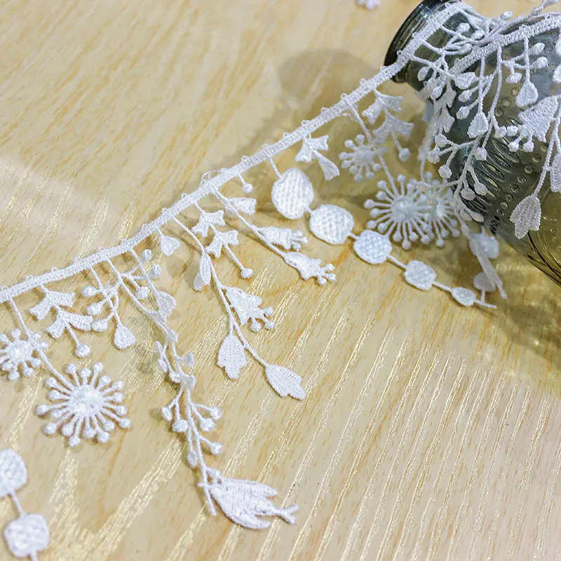 1Y White Black Water Soluble Lace Fabric Embroidered Ribbon Trim Edge For DIY Crafts Dresses Curtains Tassel Fringe Decor