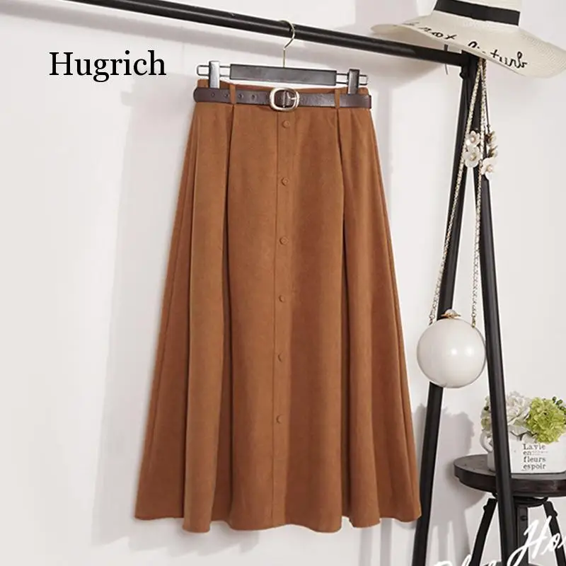 Autumn Winter Suede Velvet Women Female Midi Long Elegant Skirt Empire A-Line Pleated Skirt