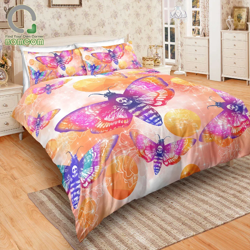 BOMCOM 3D Digital Printing Duvet Cover Set Colorful Death's Head Hawk Moth Orange Watercolor Splash Bedding Set 100% Microfiber