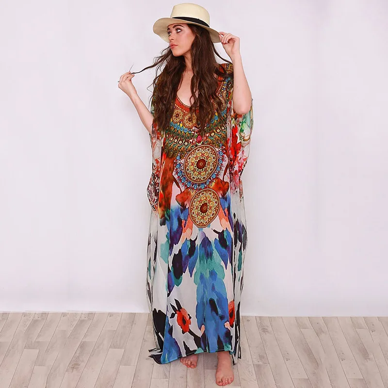 TEELYNN-túnica de rayón de algodón con estampado floral para mujer, vestido largo holgado de talla grande, para playa y verano