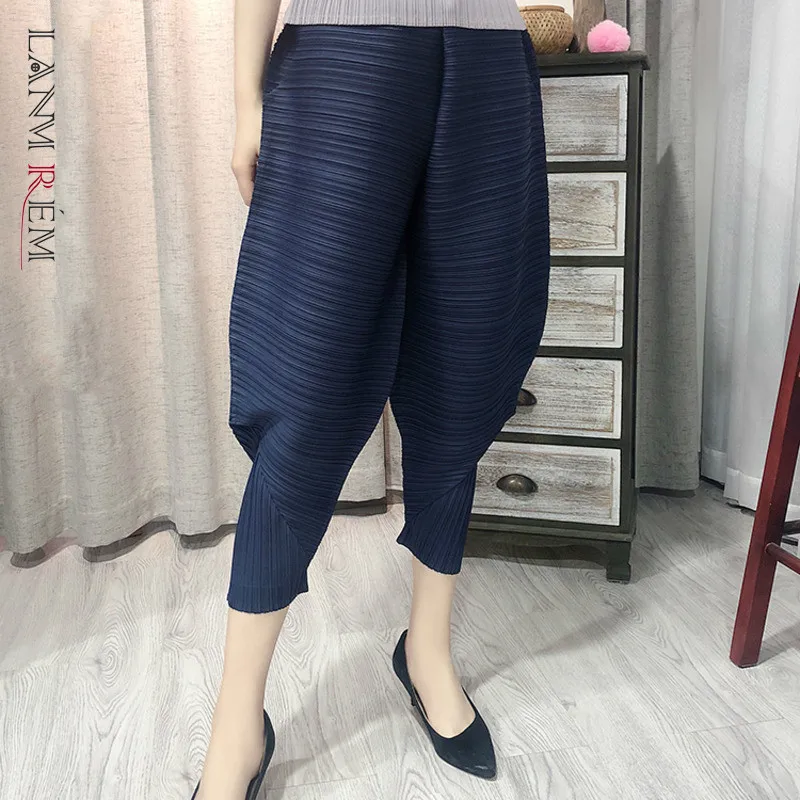 

LANMREM 2024 Spring Spring Pants Fashion New Bottoms For Women Pleated Trousers Calf-Length Harem Pants Elastic YH593