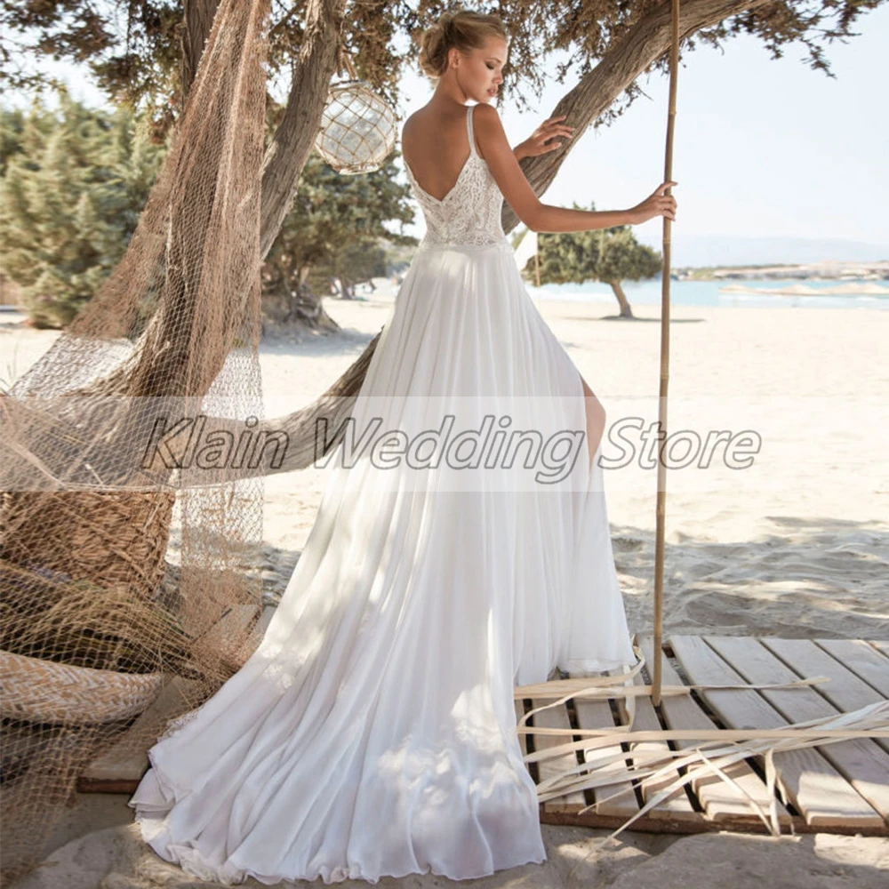 Customized Elegant Chiffon Beach Boho Wedding Dress 20221 Spaghetti Straps V-Neck Sleeveless Lace Appliques Side Slit Bridal Gow