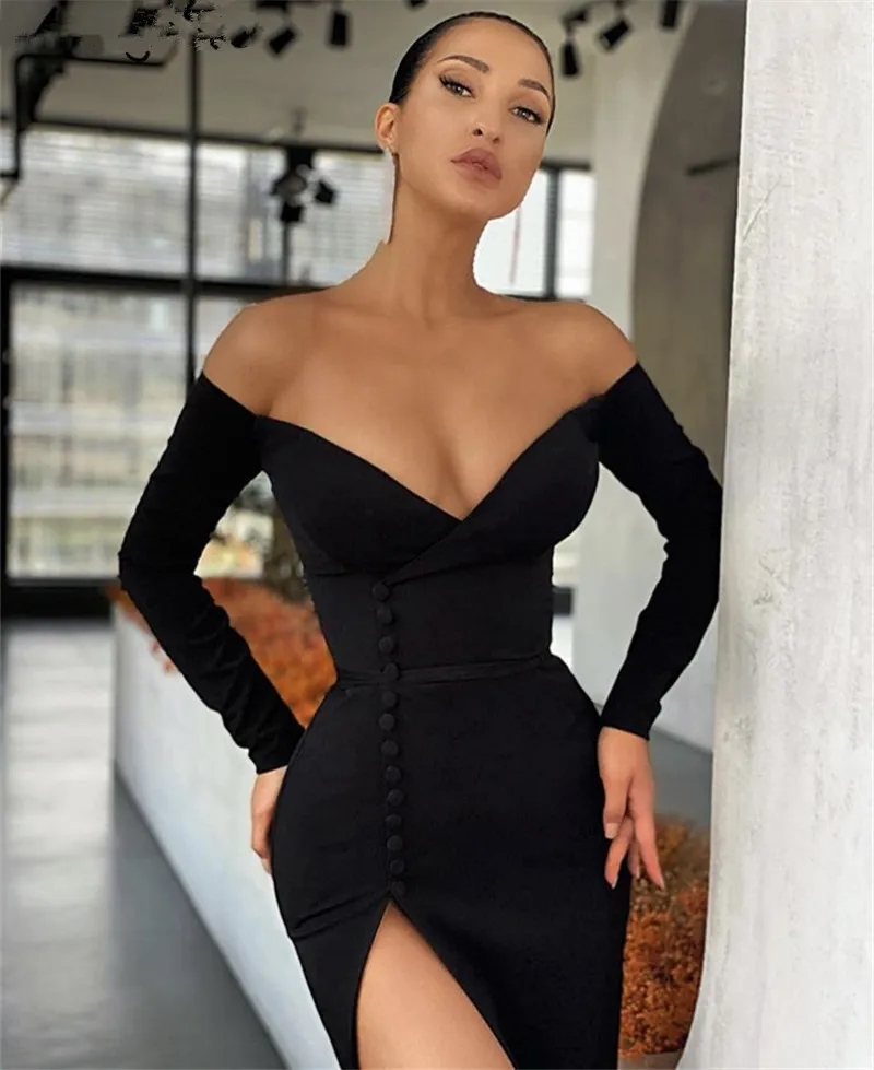 Black Mermaid Prom Dresses V-hals Spandex Satijn Side Slit Lange Mouwen Avondjurken Met Zipper Vestidos De Fiesta De Noche