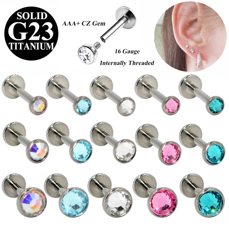 1PC G23 Titanium Flat CZ Gem Internally Threaded Labret Stud Ear Tragus Cartilage Helix Earring Fashion Body Piercing Jewelry