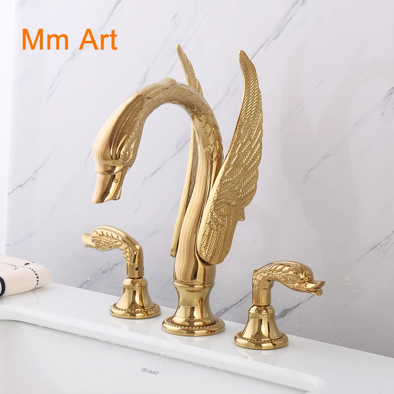 All-copper European-style golden double-handle three-hole hot and cold water swan faucet lavatory split faucet luxury faucet