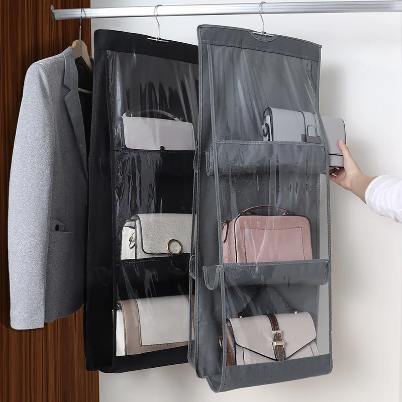 6/8 Pockets Multiple Purposes Hanging Handbag, Foldable Anti-Dust Solid Color Storage Organizer with Hook