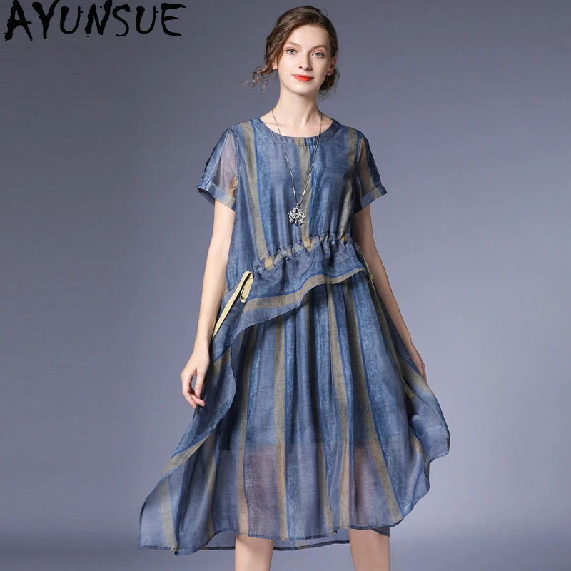 

Spring Summer Woman Dress Elegant Korean Fashion Organza Striped Midi Dress Oversize Clothes Vestidos De Verano L-6828 KJ4818
