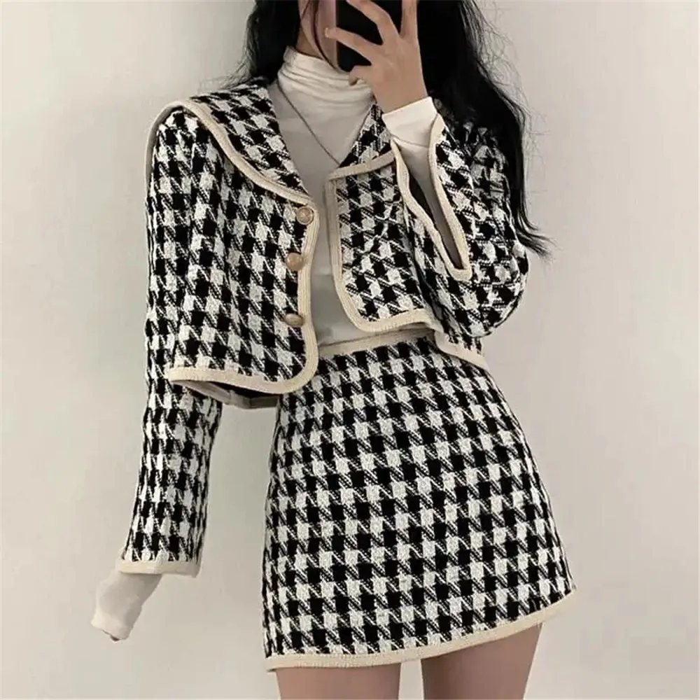 Vintage Houndstooth 2pcs Set Women Navy Collar Tweed Mini Bodycon Skirt Suit Lady Elegant Cropped Jacket Plaid Set Knitted Korea