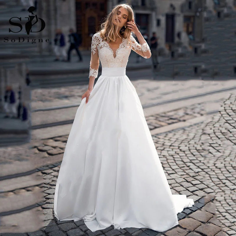 SoDigne Boho Wedding Dress Lace Appliques V Neck Half Sleeves Simple Bridal Dress Beach Satin Simple Wedding Gowns