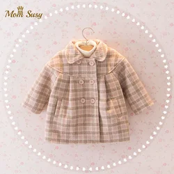 Baby Girl Woolen Jacket Plaid Long Double Breasted Warm Infant Toddle Lapel Tweed Coat Spring Autumn Winter Baby Outwear Clothes