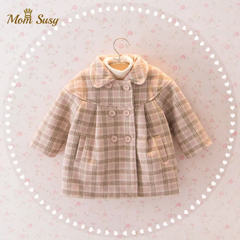 Baby Girl Woolen Jacket Plaid Long Double Breasted Warm Infant Toddle Lapel Tweed Coat Spring Autumn Winter Baby Outwear Clothes