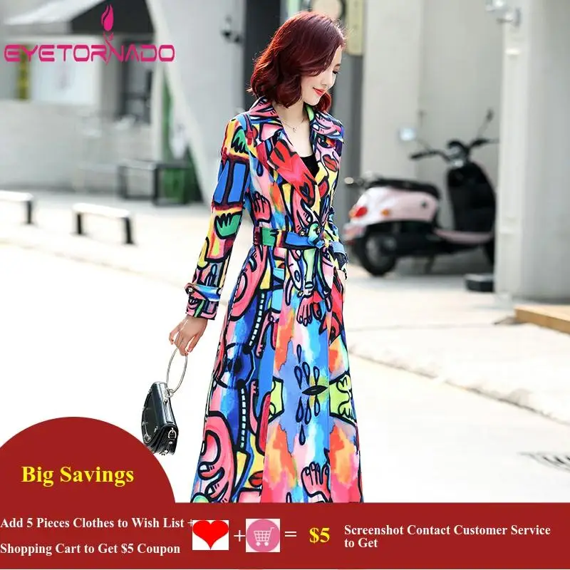 Women's Graffiti Print Long Trench Coat Classic Double Breasted Slim Fit Work Office Raincoat Business Outerwear Spring Fashion