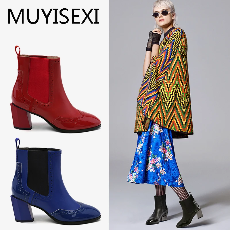 

Autumn Boots Ankle Women 6.5cm Boot Square High Heels Tops Boots Winter Slip-On Botas Mujer Black Blue Red HL195 MUYISEXI