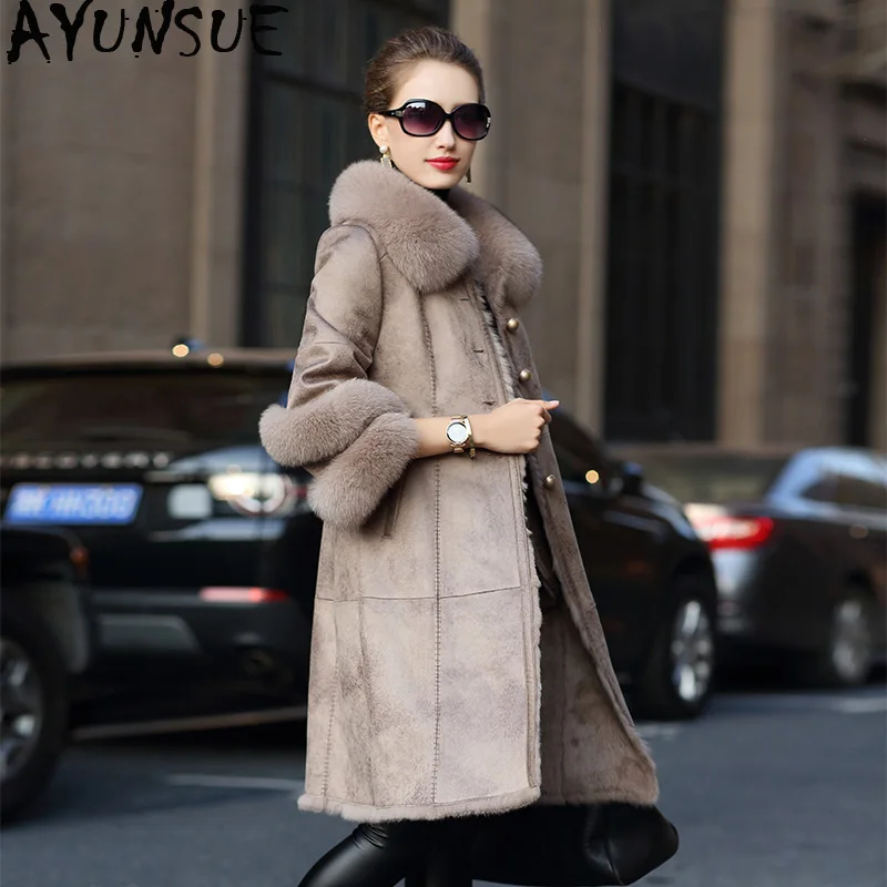 

AYUNSUE Real Fur Coat Female Natural Rabbit Fur Coat Winter Jacket Women Fox Fur Collar Warm Long Jackets Manteau Femme 619064