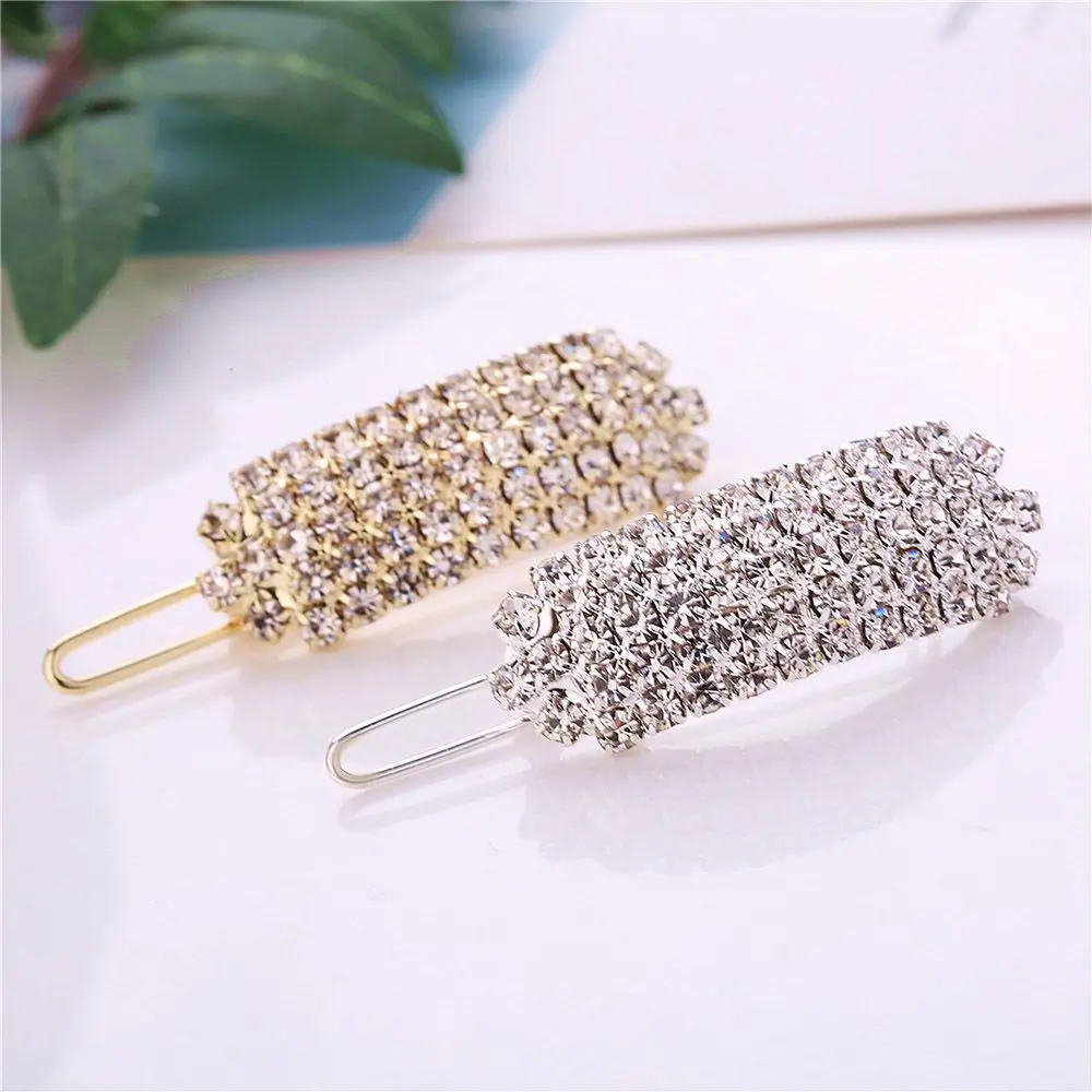 Crystal Hair Clip Women Elegant Korean Design Snap Barrette Stick Metal Alloy Hairpin Hair Styling Accessories