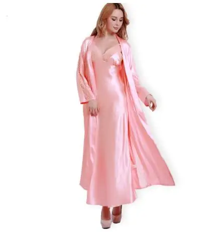 Fashion New Silk Robes + Nightdress Two-Piece Women Sleepwear Sexy Lace V-Neck Sleeping Robe Long-Sleeve Nightgowns FW001