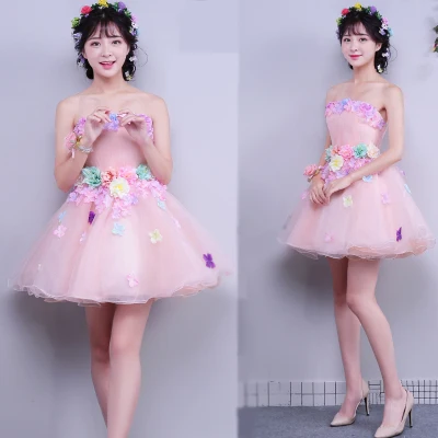 

Free ship pink flowers petals off shoulder tutu lovely short lolita dress/stage performance/studio/can customs size