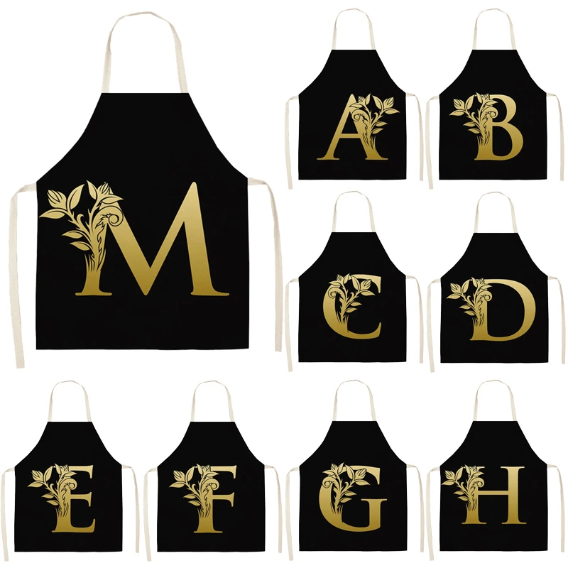 Gold Letter Alphabet Pattern Kitchen Apron for Woman Sleeveless Cotton Linen Aprons Cooking Home Cleaning Tools Tablier Delantal