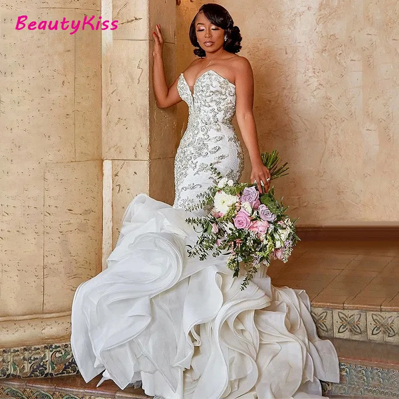 Luxus Liebsten Meerjungfrau Hochzeit Kleider Plus Größe Weiß Frauen Afrikanische Sexy Braut Hochzeit Kleid