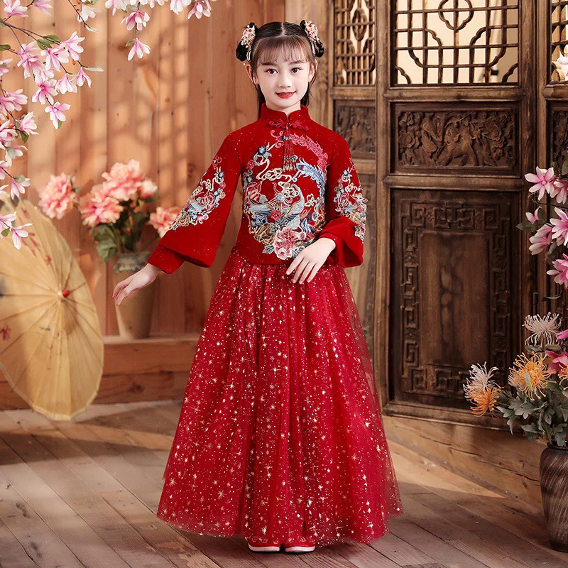 Hanfu antiguo para niños, vestido bordado tradicional, traje Tang grueso y acolchado, Invierno