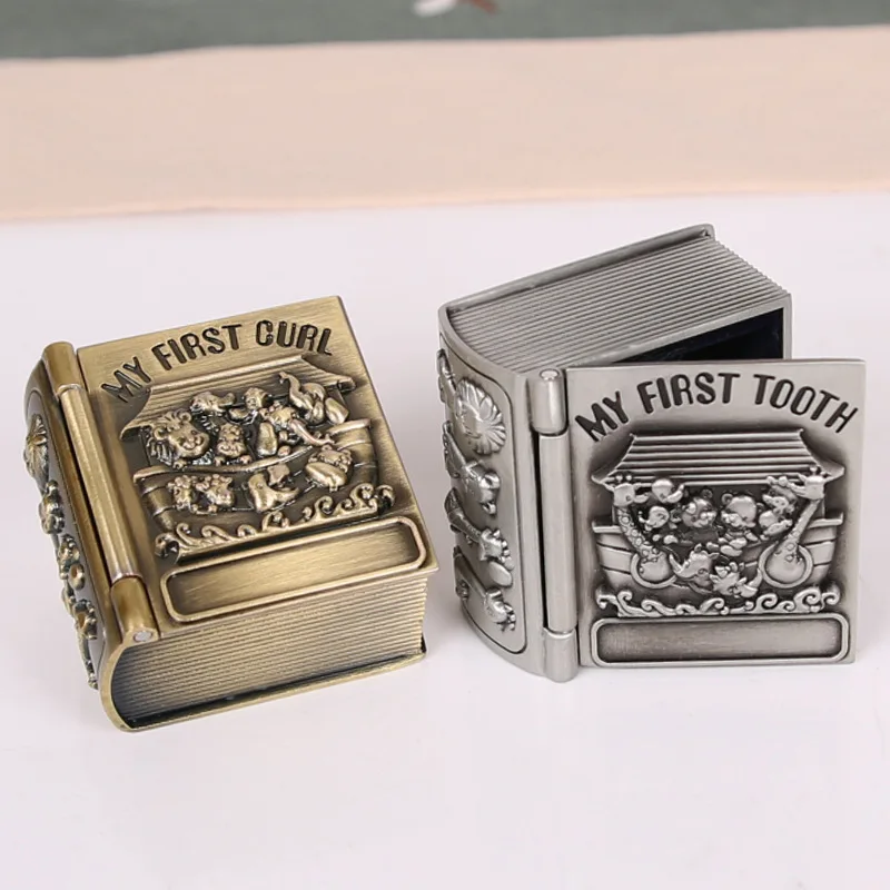 

My First Tooth Curl Keepsake Box Metallic Floral Engraved Book Shape Zinc Alloy Storage Case Kids Antique Brass Pewter 4x4x2cm