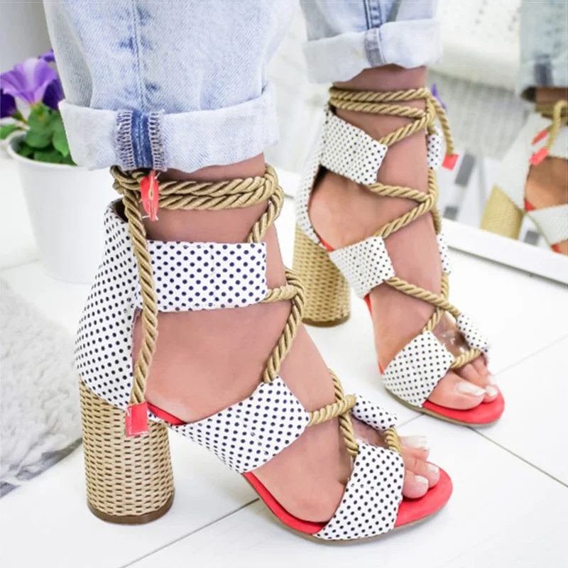 New Women Sandals Lace Up Summer Shoes Woman Heels Sandals Pointed Fish Mouth Gladiator Sandals Woman Pumps Hemp Rope High Heels