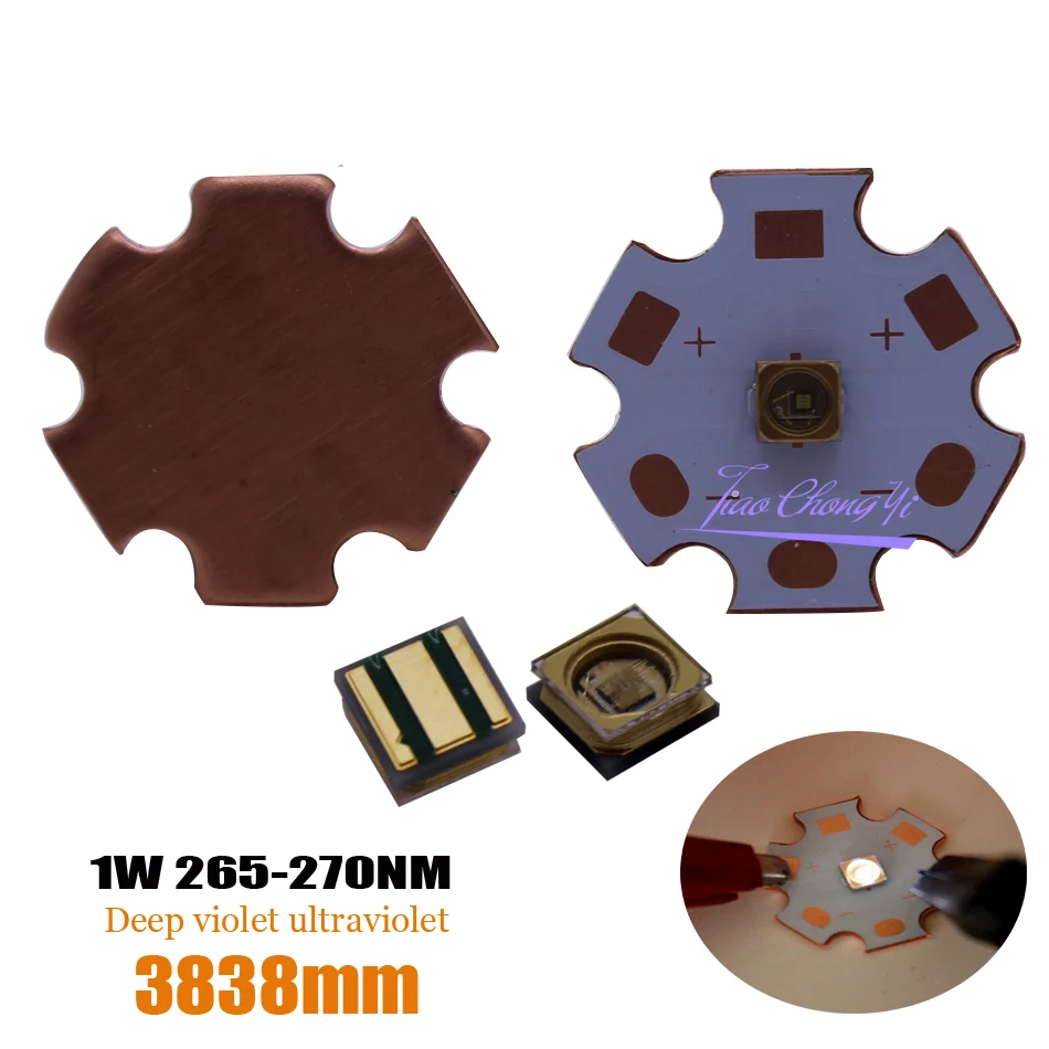 

New High Power 3838 1W 270nm Deep UV LED CHIP UVC Ultraviolet Sterilization LED Diode 150mA 5-7V with 20mm Copper PCB