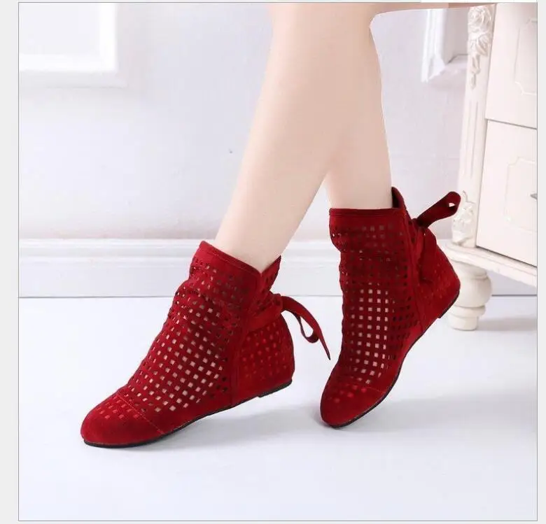 Fashion Women\'s Summer Boots Flat Low Hidden Wedges Cutout Boots Ladies Dress Casual Shoes Black Red Hollow out Boots Large size