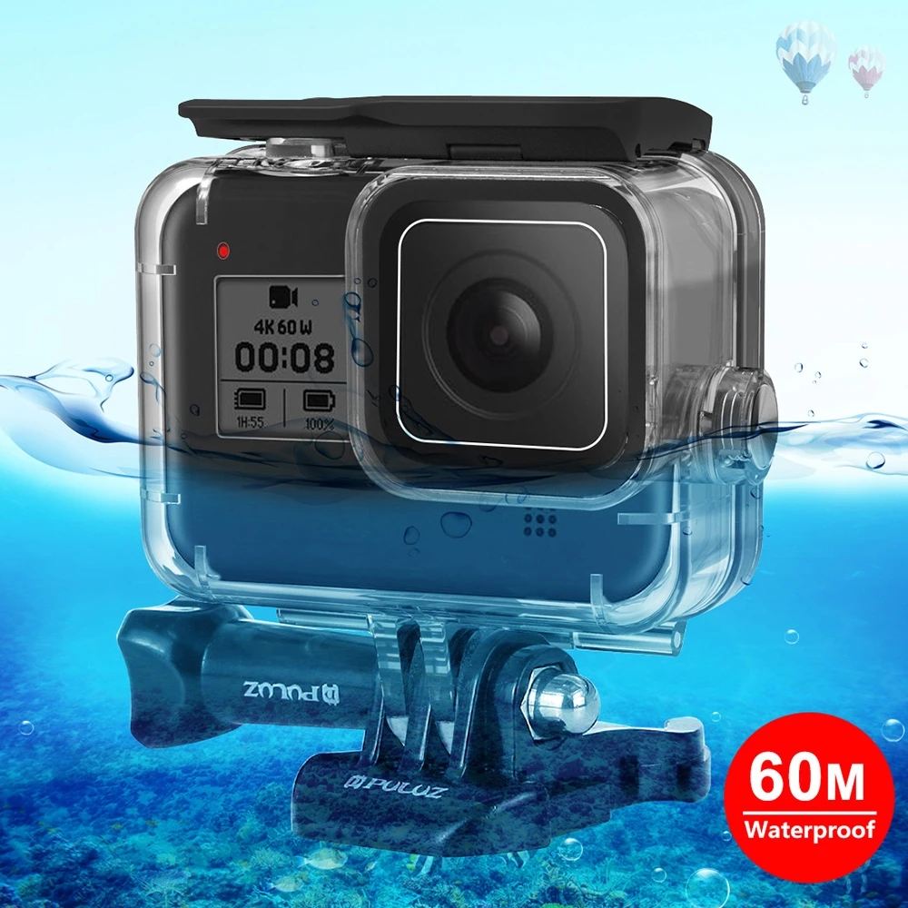 Puluz เคสกันน้ำลึก60ม. สำหรับดำน้ำลึกใต้น้ำปลอกหุ้มสำหรับ GoPro กล้องสีดำ HERO8