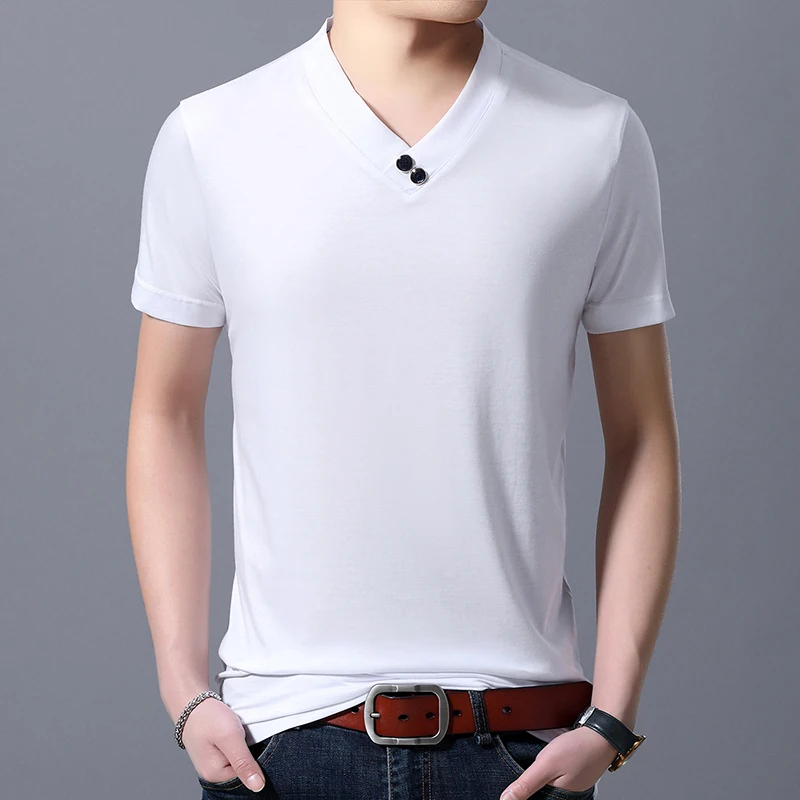 

Hot sale new 2019 mens fashion design button shirt cotton T shirts for man v-neck short sleeve clothing