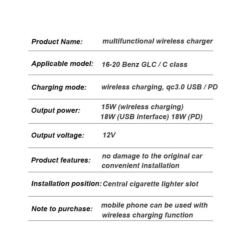 Carregador sem fio para o telefone móvel, Acessórios de carregamento, Tipo-C, iPhone 11, 12, 13, Mercedes Benz W205, X253, C43, C63, GLC43