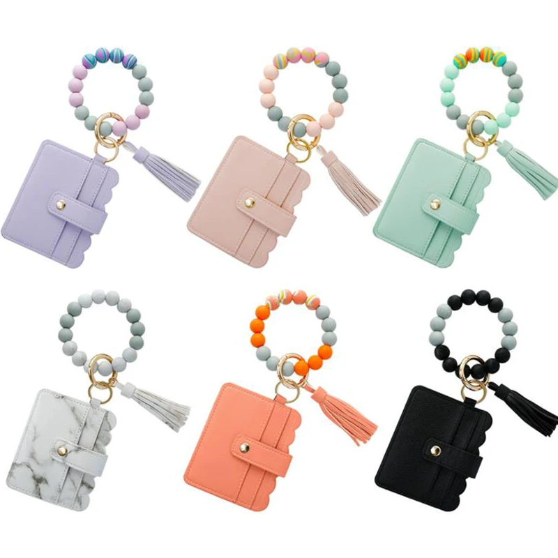 Pu Leather Wristlet Bracelet Keychain with Card Wallet Pocket Credit Card Holder Purse Tassel Keychain Bangle Key Ring for Women