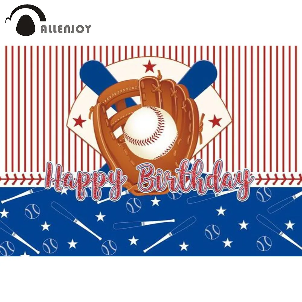 

Allenjoy Happy Birthday Party Backdrop Blue Sea Boy Sail Baby Shower Baseball Gloves Rudder Sports Stripe Background Photo Shoot