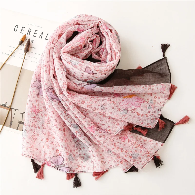 2021 Fashion Women Butterfly Print Tassel Scarf Shawls Long Soft Floral Scarves Hijab Wrap