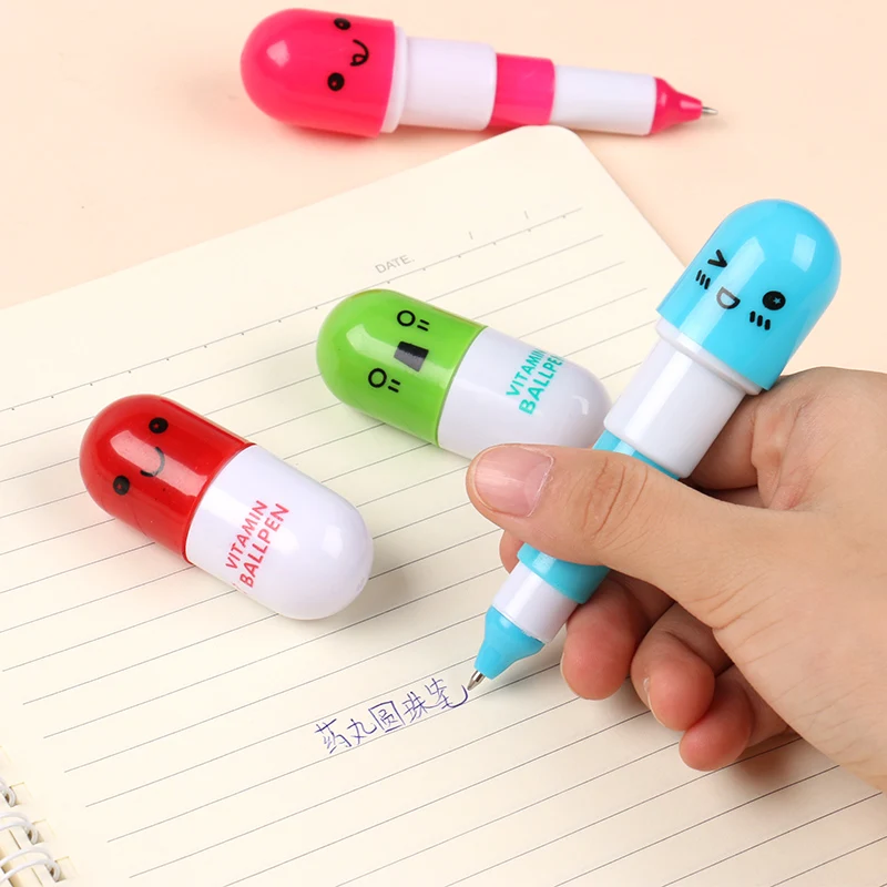 6Pcs Baru Kapsul Ballpoint Pena Lucu Vitamin Pill Warna Biru Tinta Pena untuk Menulis Stationery Kantor Sekolah Aksesoris A6205