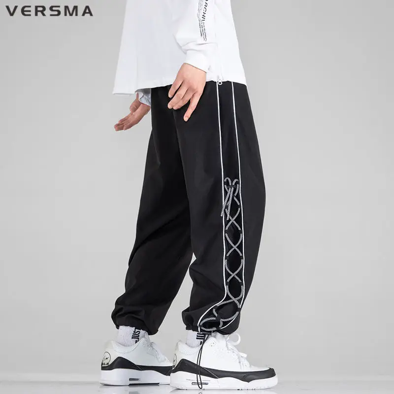 VERSMA Korean Chic Drawstring Stitch Loose Harem Pants Men Hip Hop Streetwear Reflective Tracksuit Sweatpants Retro Trousers Men