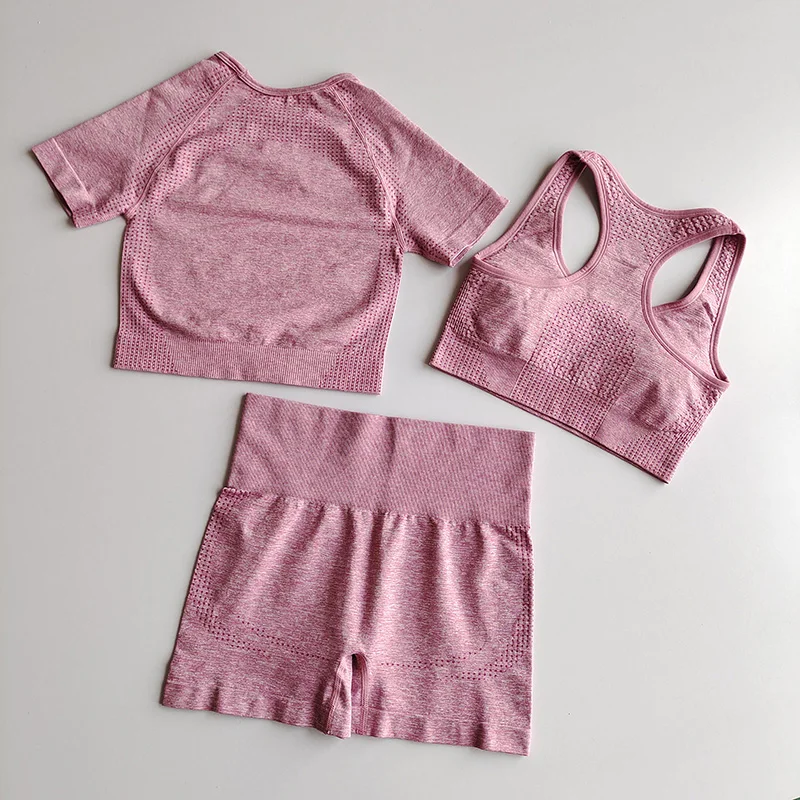 3PCS Seamless Women Yoga Set Sportswear Gym Clothing Fitness Sports Bra Crop Top Short Sleeve High Waist Leggings Sports Suit