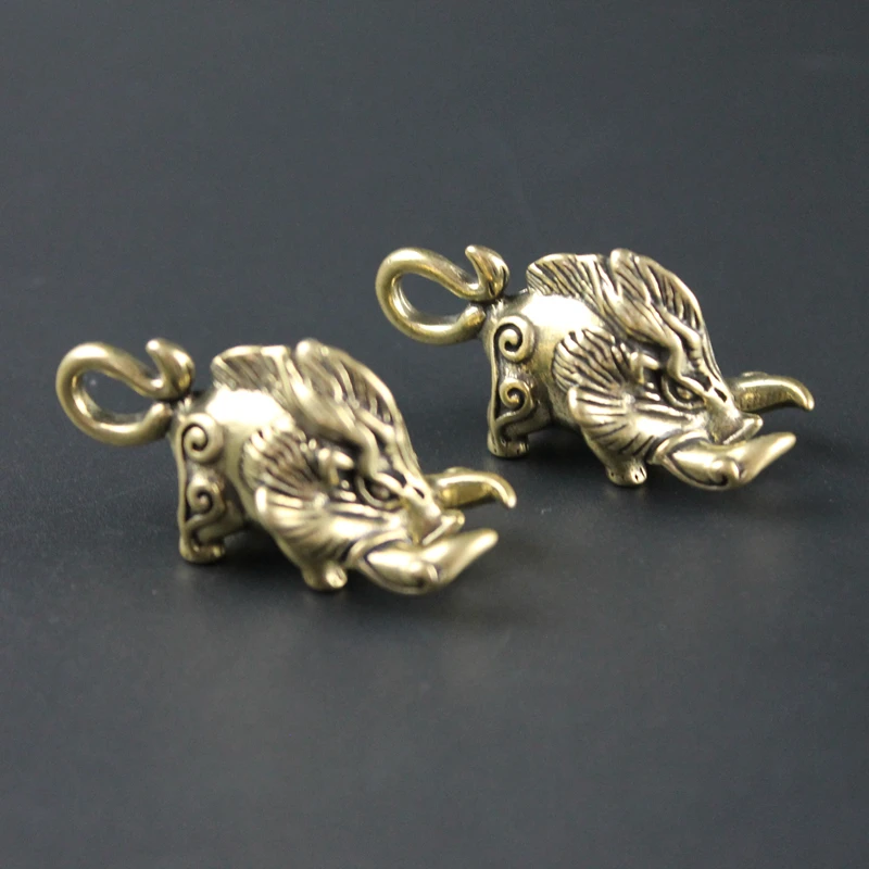 Pure Brass Handicrafts Chinese Wild Boar Statues Sculpture Pig KeyChain Pendants Car Key Holder Ornaments Handmade Collectibles