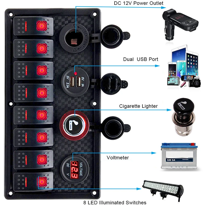 Pannello interruttori a bilanciere 12V 24V 8 Gang con doppia protezione di sovraccarico di tensione dell\'interruttore di ricarica USB per camion di