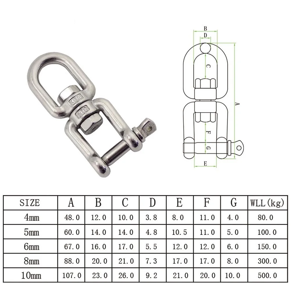 5PCS Jaw And Eye Anchor Swivel  Stainless Steel 304 Connector Heavy Duty 4mm 5mm 6mm 8mm 10mm For Marine Boat Anchor Chain