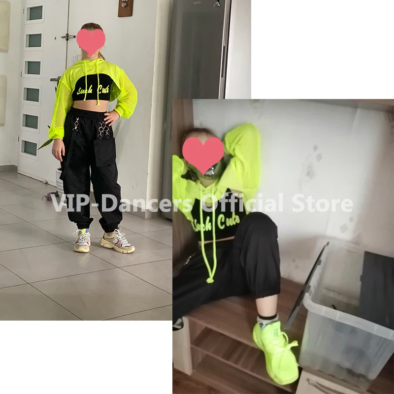 Jazz Costume Hip Hop Girls Clothing Green Tops Net Sleeve Black Hip Hop Pants For Kids Performance Modern Dancing Clothes BL5311