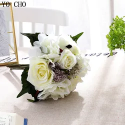 YO CHO Bruidsboeket Kunstzijde Rose Flower Boeket Bridal Bruidsmeisjes Thuis Bruiloft Bloem Bourgondië Huwelijk Accessoires