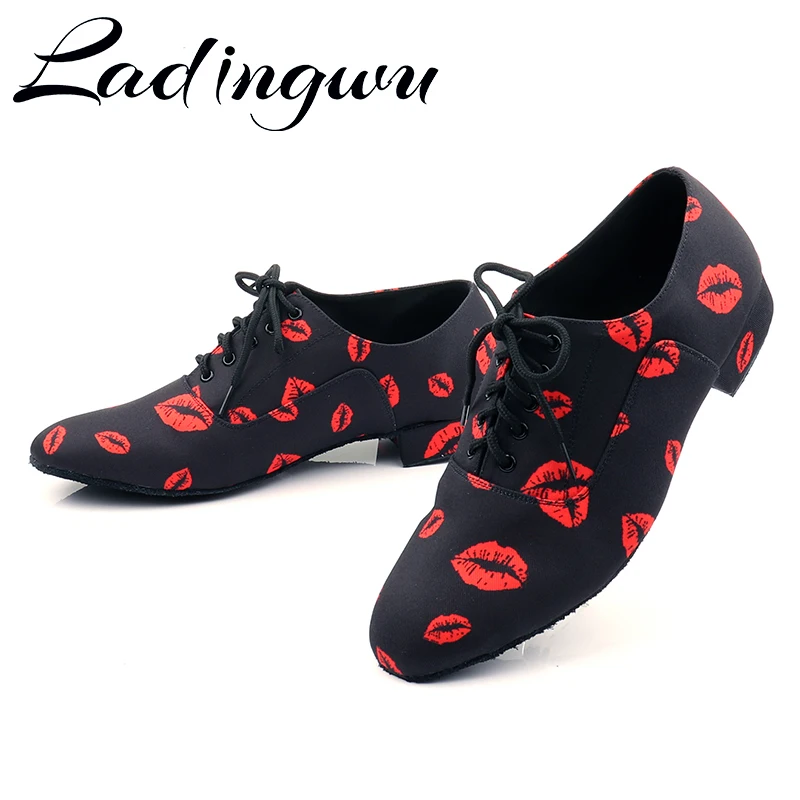 Ladingwu Sneakers Latin Dance Shoes Men Dance Shoes Black Heel 2.5cm 4.5cm Female Red lip Satin Ballroom Dance Shoes Men