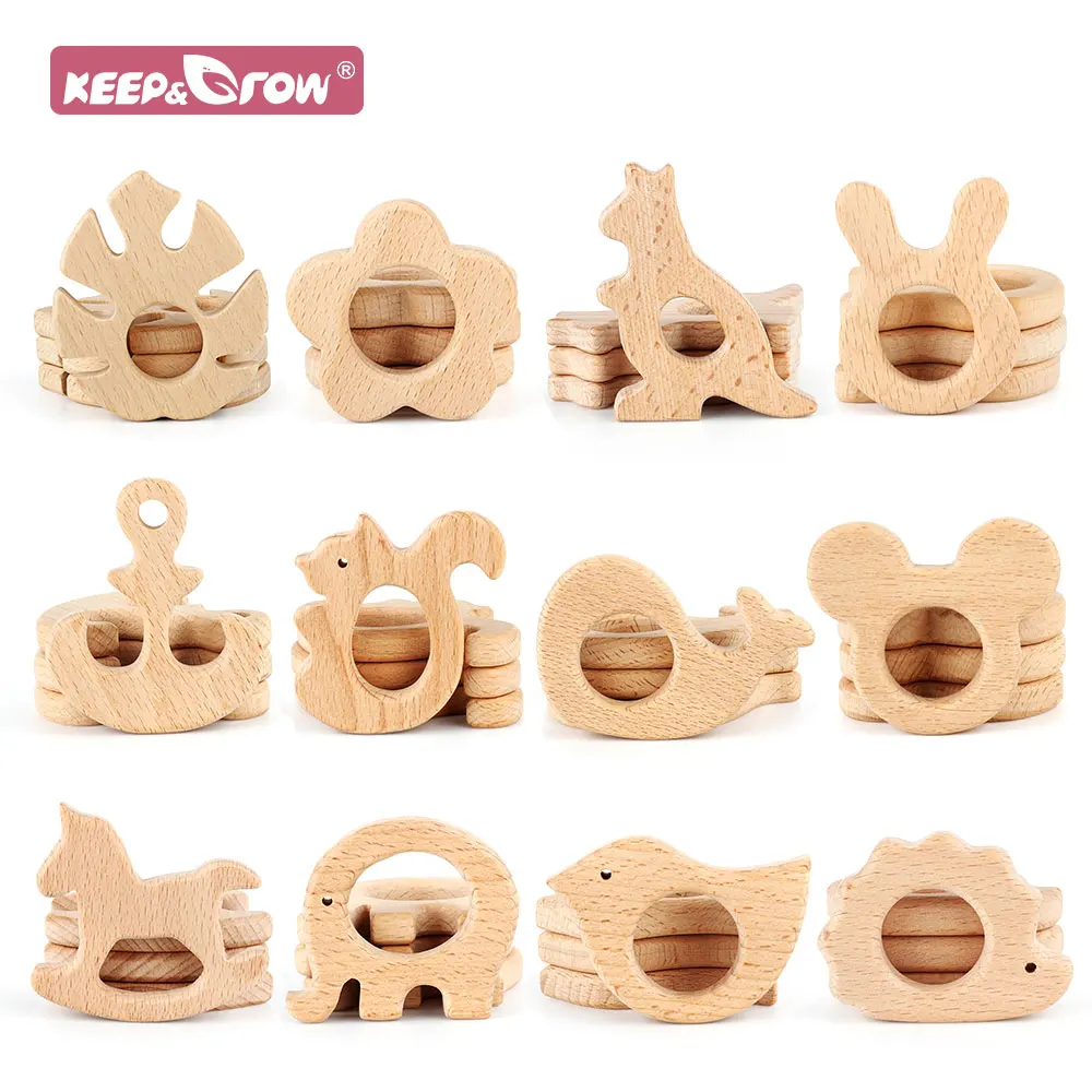 1pc Food Grade Wooden Teether Animal Cartoon Flower Cloud Mouse Tiny Rod DIY Pacifier Chain Natural Beech Wood Teething Teether