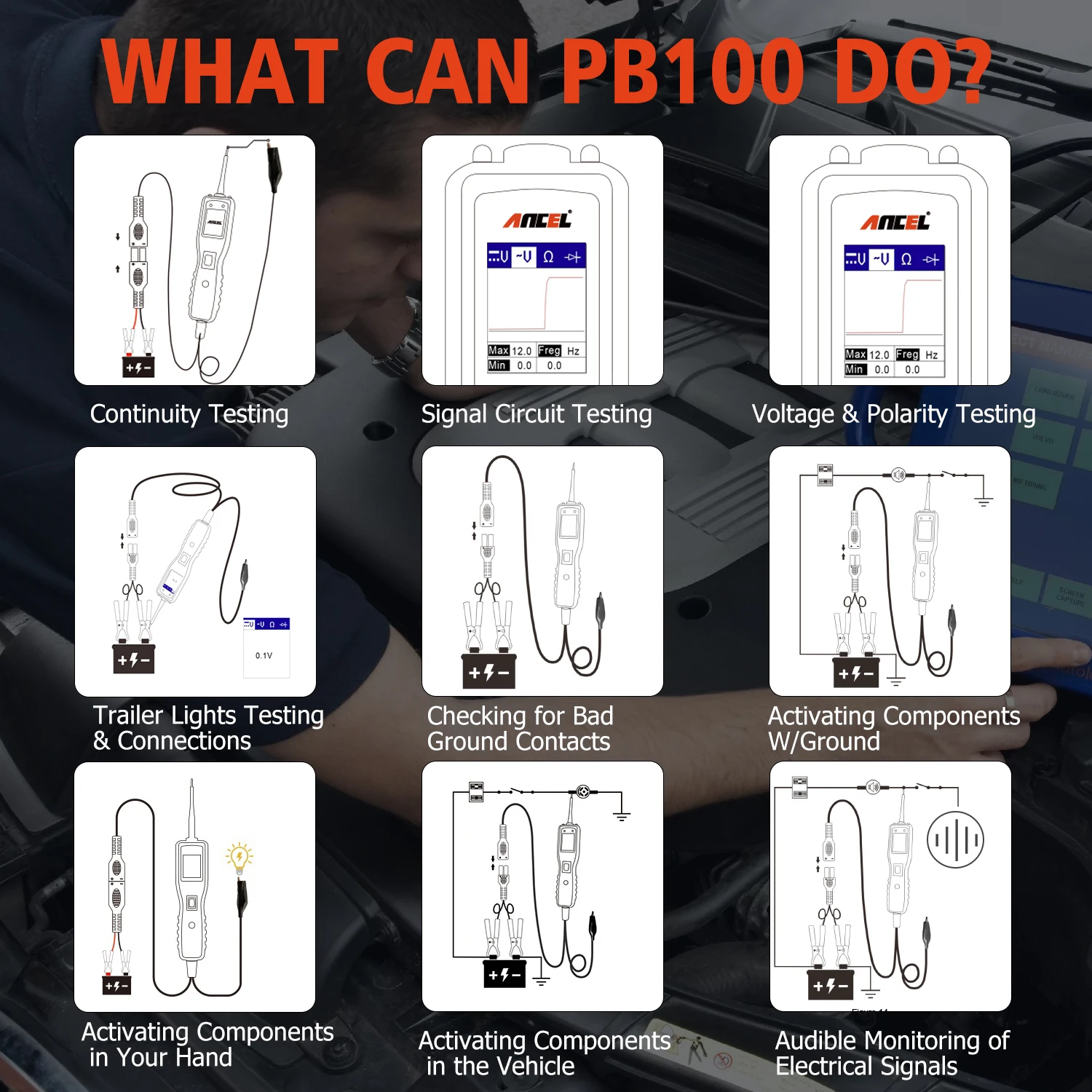 Ancel PB100 Circuit Tester Power Probe Automotive Diagnostic Tool 12V 24V Electrical Current Voltage Integrated Power Scanner